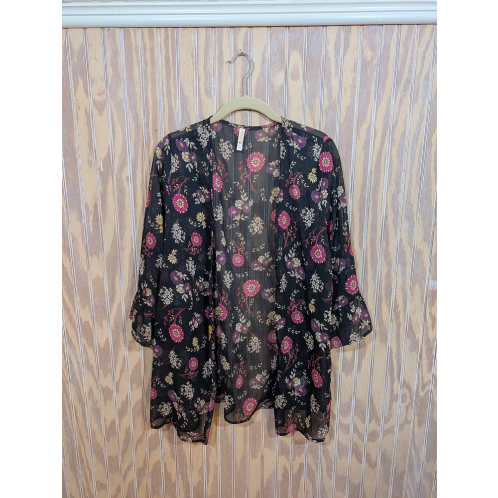 Women's Xhilaration Kimono Size L Black Floral Print